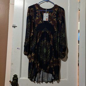 Free People Navy Tunic Blouse 3/4 Puffy Sleeves NEW Sz S/P